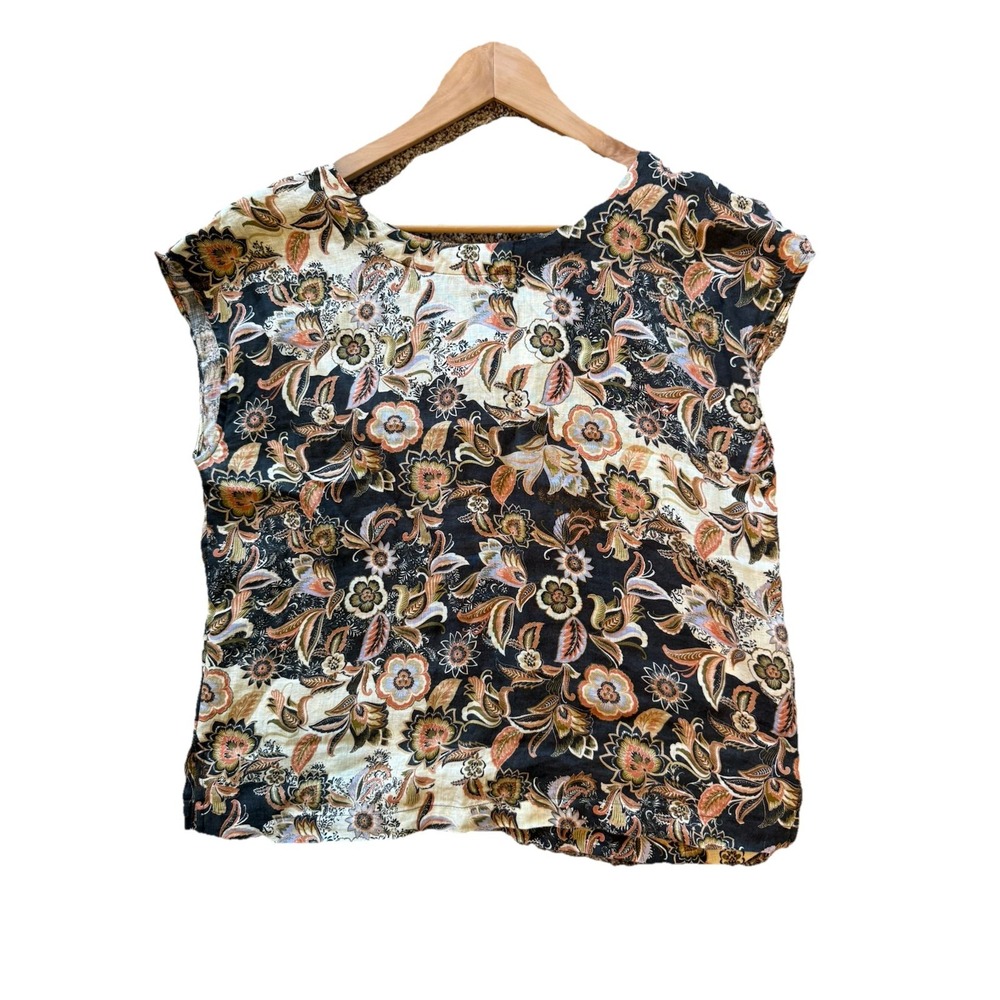Nicole Miller  Womens Top M Brown 100% Linen Knit  Floral Paisley Top